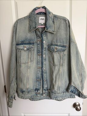 Zara TRF Oversized Light Blue Washed Denim Jacket